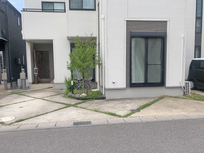 雑草が生えてお手入れが大変だった芝生と車庫の目地