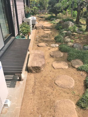 施工前の土＋渡り石のステップ