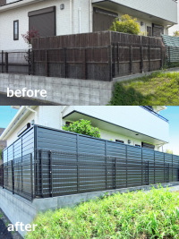 木製目隠しフェンス→お手入れ楽なアルミ2段フェンス　柏市A邸