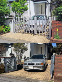 軽く使い易い伸縮門扉カーゲートで車庫の防犯対策　柏市N邸