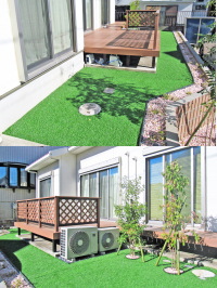 天然芝→人工芝×土留め新設でお手入れが楽な庭にリフォーム　松戸市H邸